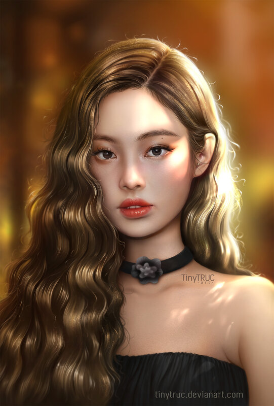 Woman with Long Hair — Brown, Dramatic, Sunset, Digital Art, Choker