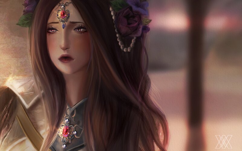 Woman with Long Hair — Brown, Dramatic, Sunset, Digital Art, Flowers
