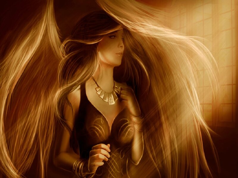 Woman with Long Hair — Brown, Dramatic, Sunset, Digital Art, Necklace