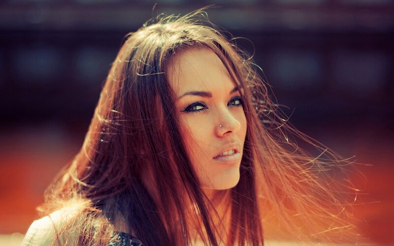 Woman with Long Hair — Brown, Dramatic, Sunset, Photograph, Nose Ring