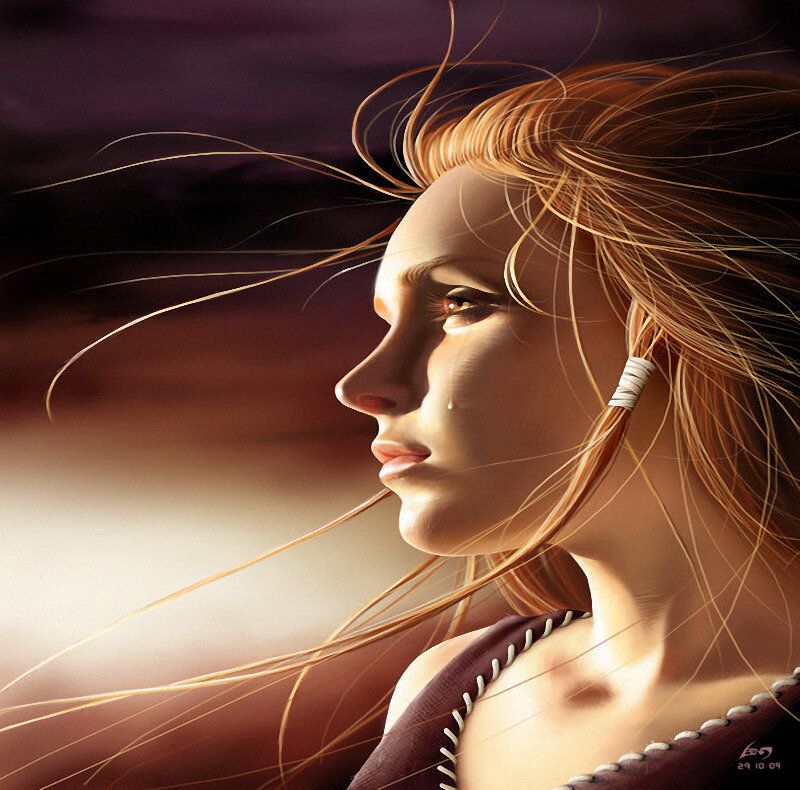 Woman with Long Hair — Brown, Dramatic, Sunset