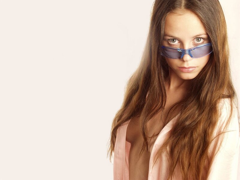 Woman with Long Hair — Brown, Neutral, Photograph, Sunglasses, Pink Shirt