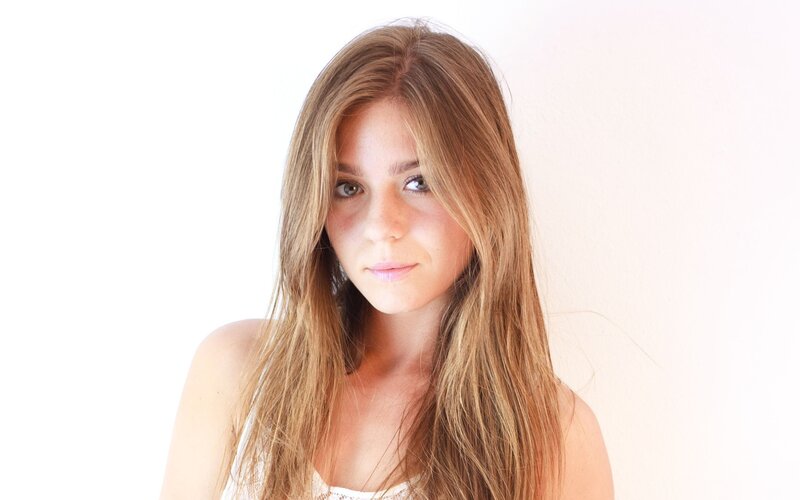 Woman with Long Hair — Brown, Neutral, Photograph, White Top, Wall