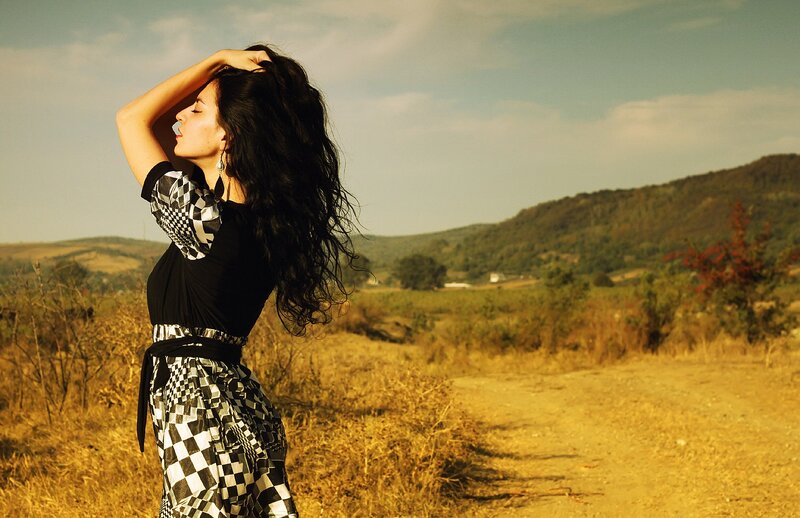 Woman with Long Hair — Brown, Serene, Afternoon, Photograph, Hills