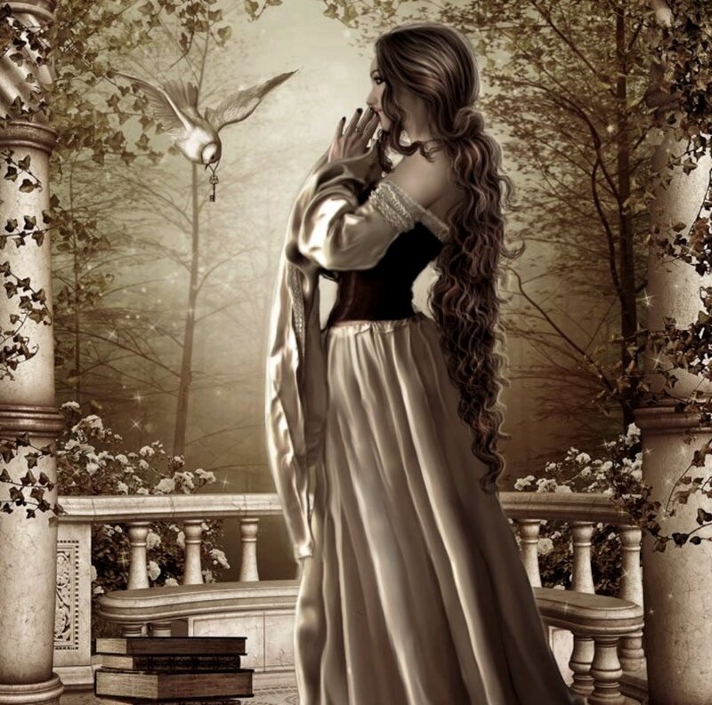 Woman with Long Hair — Brown, Serene, Digital Art, Bird