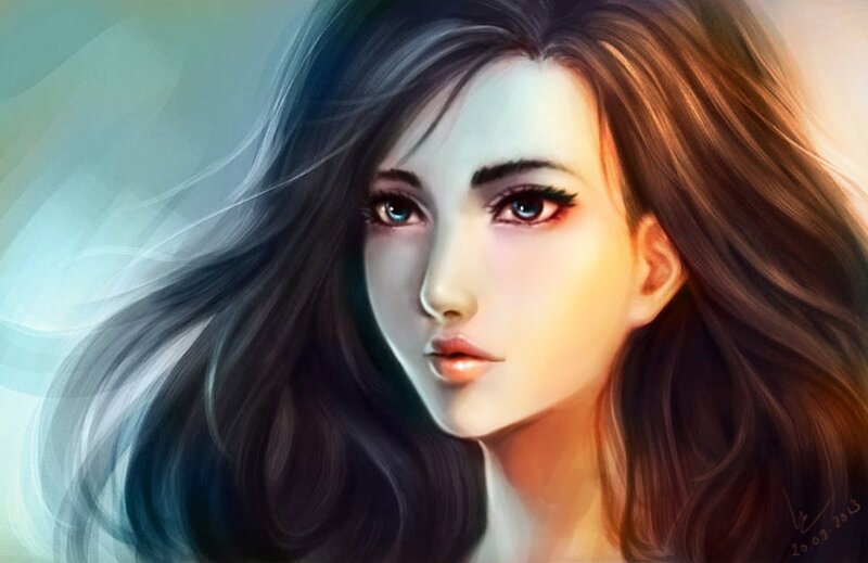Woman with Long Hair — Brown, Serene, Digital Art, Eyes