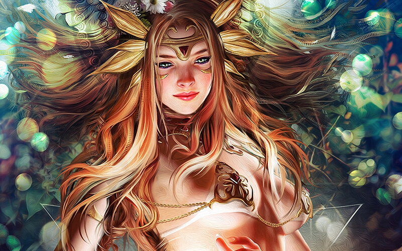Woman with Long Hair — Brown, Serene, Digital Art, Headpiece
