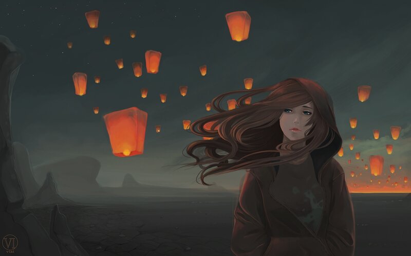 Woman with Long Hair — Brown, Serene, Night, Digital Art