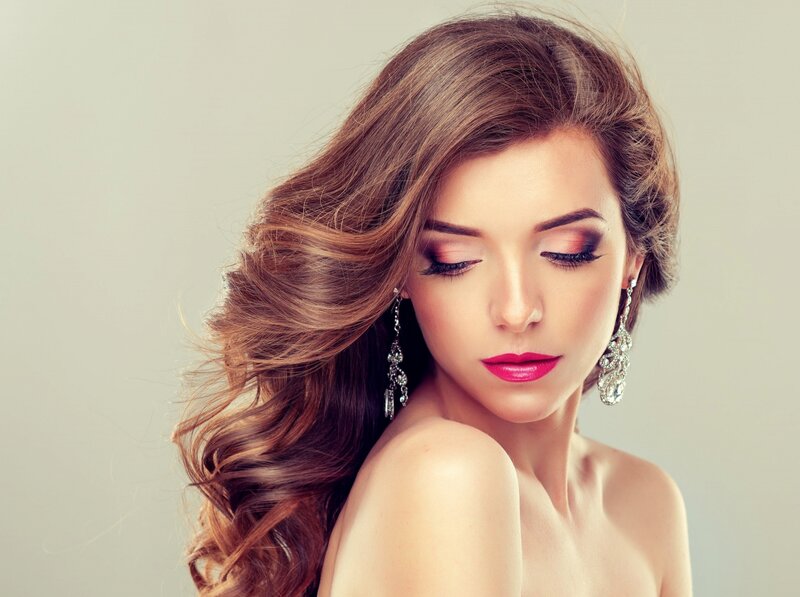 Woman with Long Hair — Brown, Serene, Photograph, Earrings, Makeup