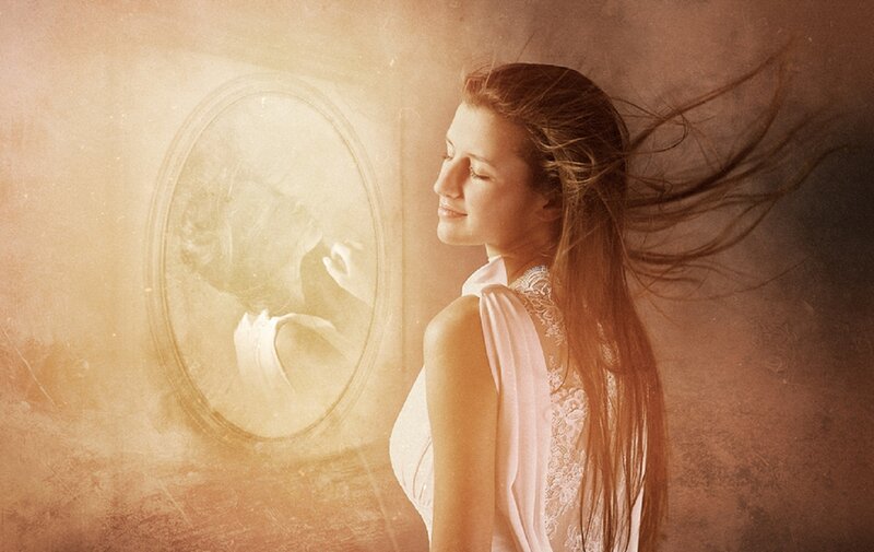 Woman with Long Hair — Brown, Serene, Photograph, Mirror