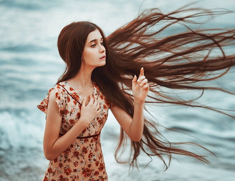 Woman with Long Hair — Brown, Serene, Photograph, Ocean