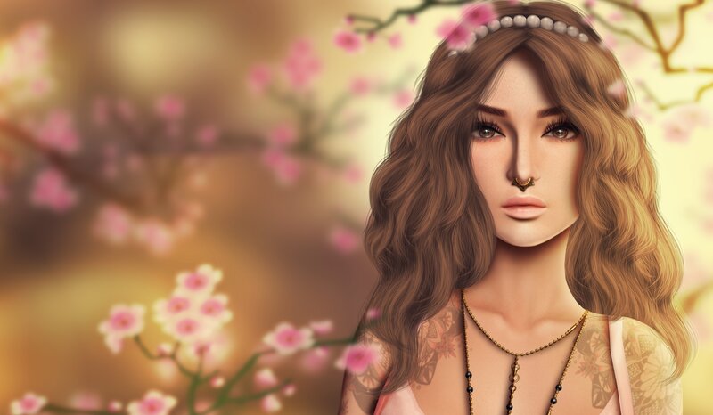 Woman with Long Hair — Brown, Serene, Spring, Digital Art