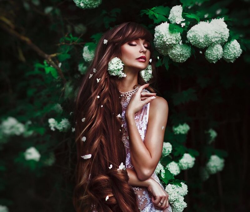 Woman with Long Hair — Brown, Serene, Spring, Photograph