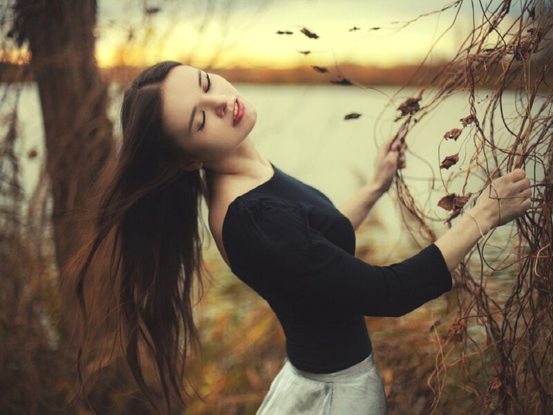 Woman with Long Hair — Brown, Serene, Sunset, Photograph, Tree