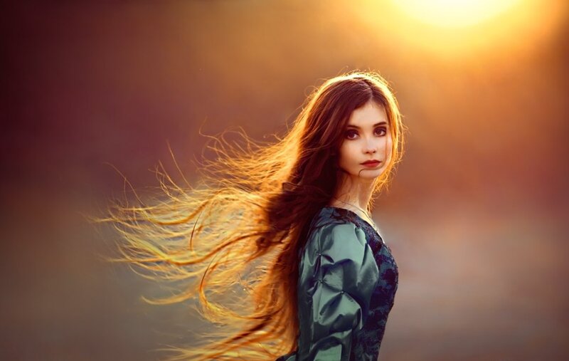 Woman with Long Hair — Gold, Dramatic, Sunset, Photograph, Sunlight