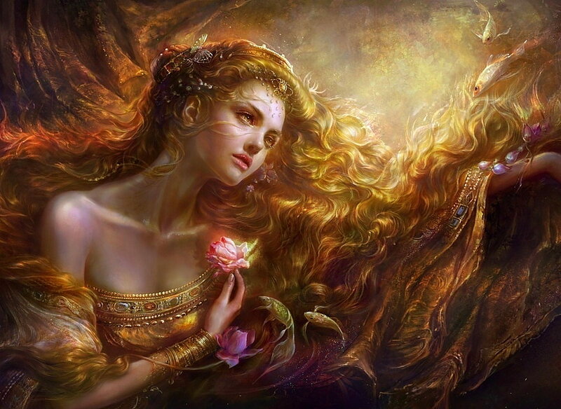Woman with Long Hair — Gold, Serene, Digital Art