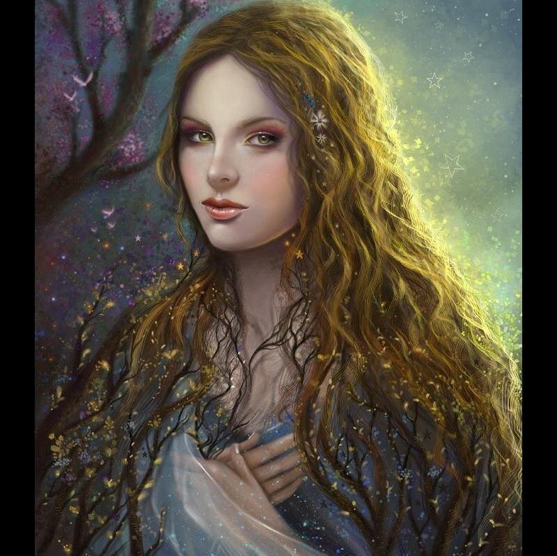 Woman with Long Hair — Gold, Serene, Night