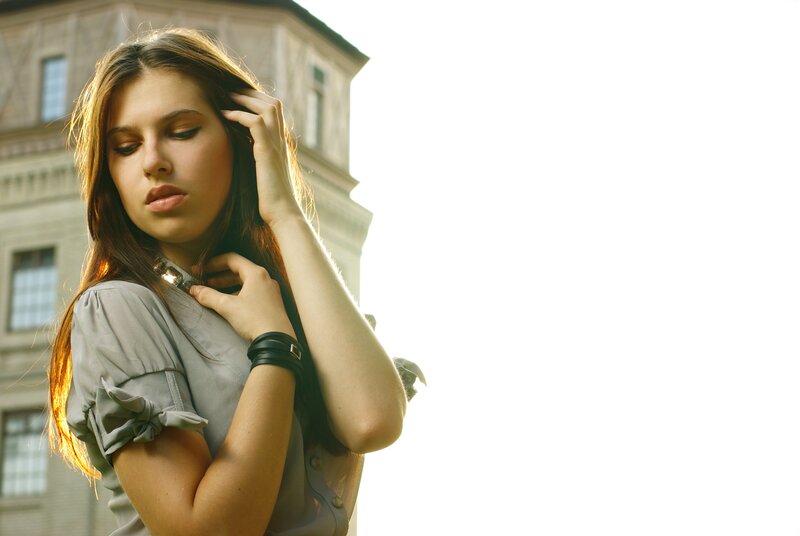 Woman with Long Hair — Gray, Contemplative, Afternoon