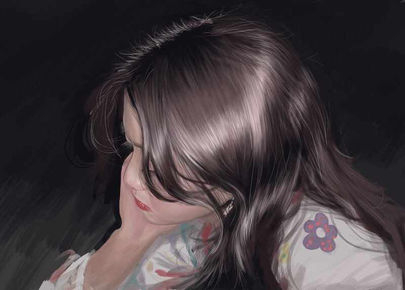 Woman with Long Hair — Gray, Contemplative, Digital Art