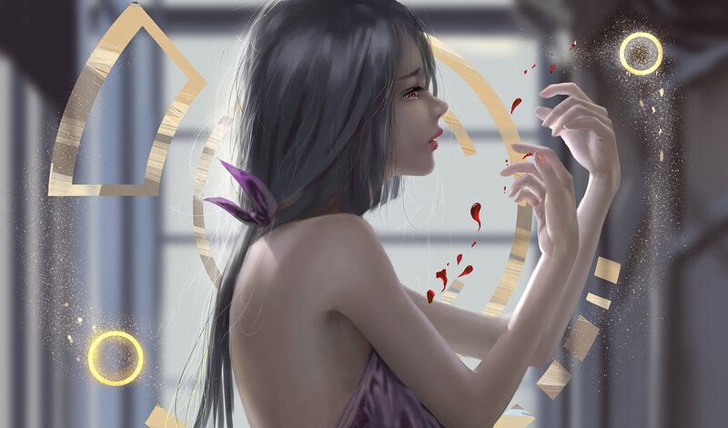Woman with Long Hair — Gray, Dramatic, Digital Art, Blood