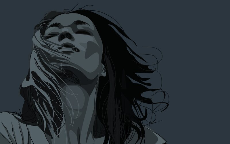 Woman with Long Hair — Gray, Dramatic, Digital Art, Earring