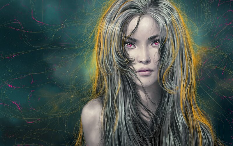 Woman with Long Hair — Gray, Dramatic, Digital Art, Eyes, Background