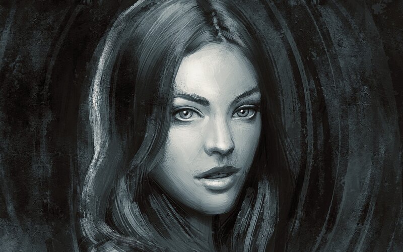 Woman with Long Hair — Gray, Dramatic, Digital Art, Face