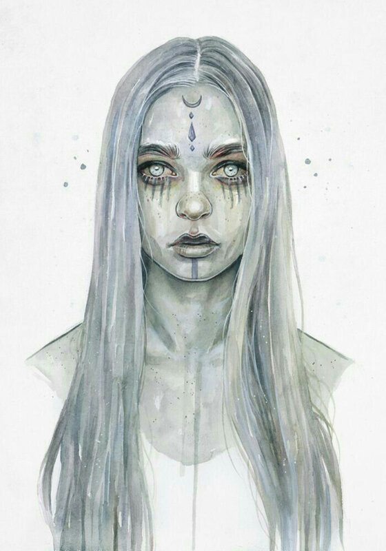 Woman with Long Hair — Gray, Dramatic, Illustration, Long Hair