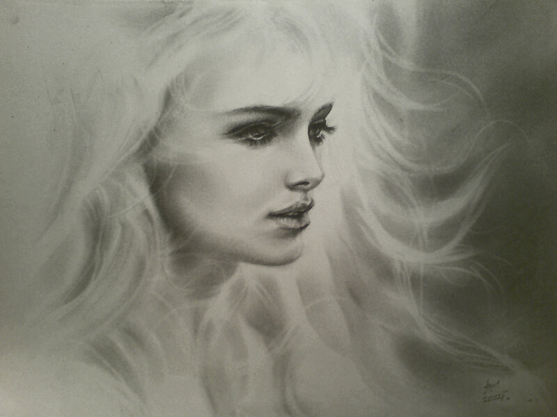 Woman with Long Hair — Gray, Dramatic, Illustration