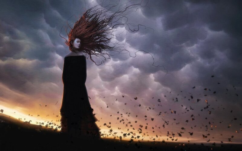 Woman with Long Hair — Gray, Dramatic, Sunset
