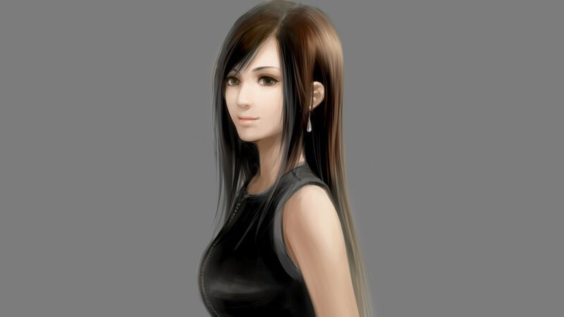 Woman with Long Hair — Gray, Neutral, Digital Art, Black Top