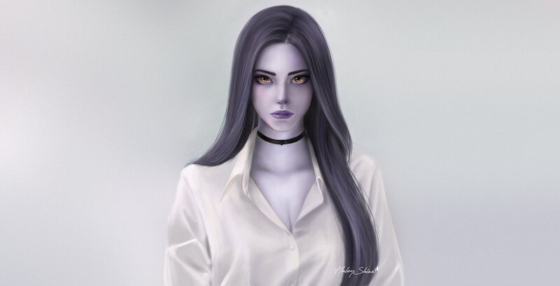 Woman with Long Hair — Gray, Neutral, Digital Art, Choker