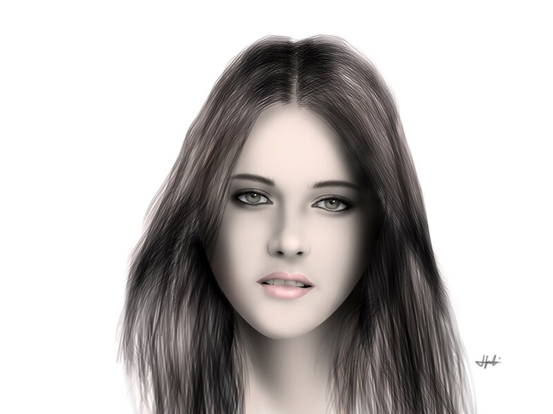 Woman with Long Hair — Gray, Neutral, Digital Art, Face