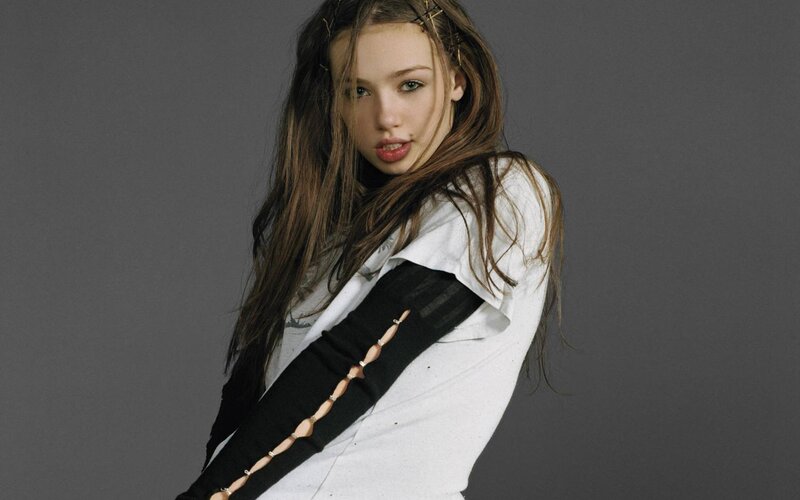 Woman with Long Hair — Gray, Neutral, Photograph, Long Hair, White Shirt, Black Sleeve