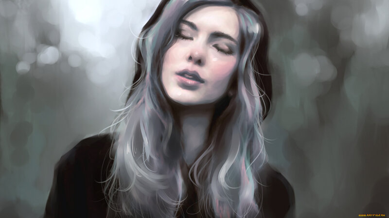 Woman with Long Hair — Gray, Serene, Digital Art