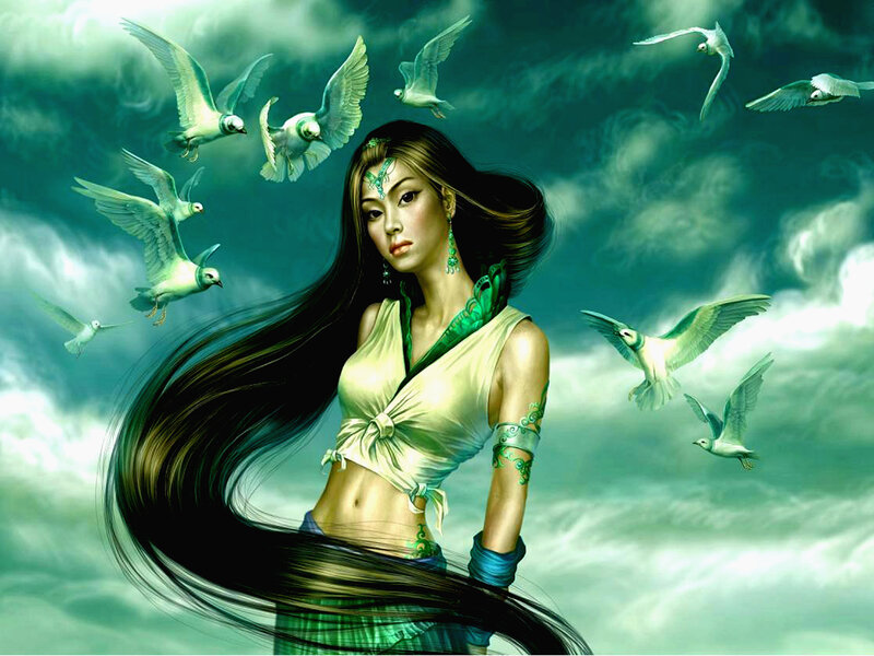 Woman with Long Hair — Green, Dramatic, Digital Art, Birds, Clouds