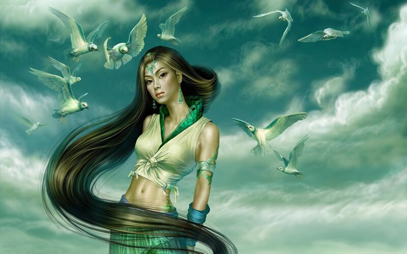 Woman with Long Hair — Green, Dramatic, Digital Art, Birds