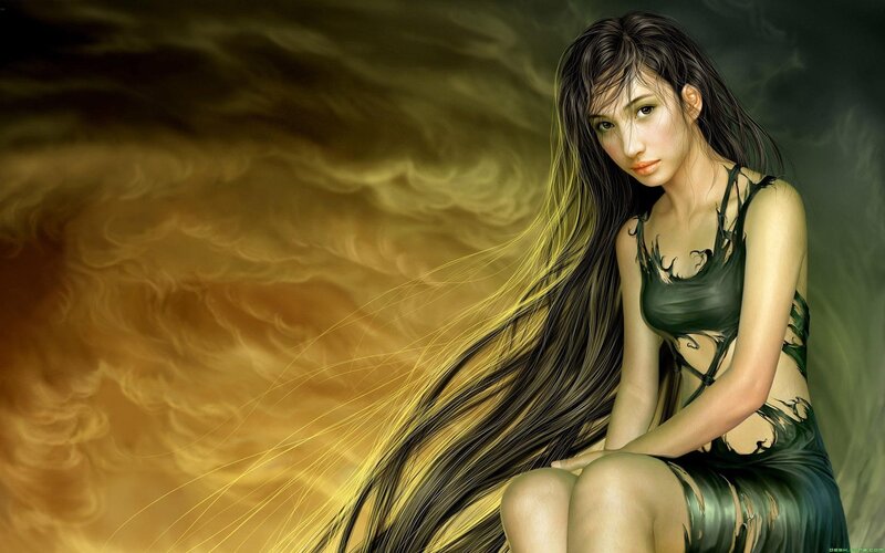 Woman with Long Hair — Green, Dramatic, Digital Art, Dress, Background