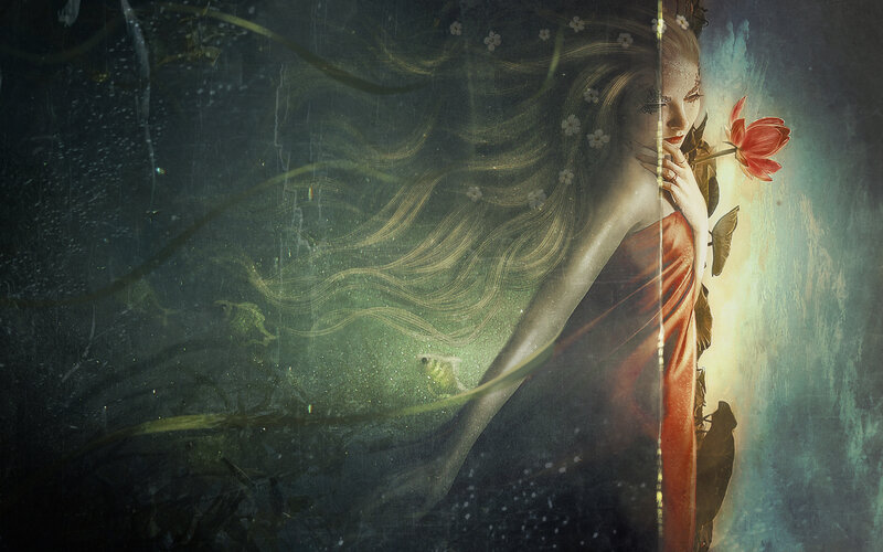 Woman with Long Hair — Green, Dramatic, Digital Art, Flower
