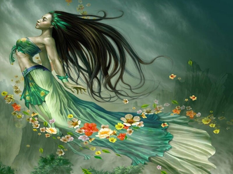Woman with Long Hair — Green, Dramatic, Digital Art, Flowers