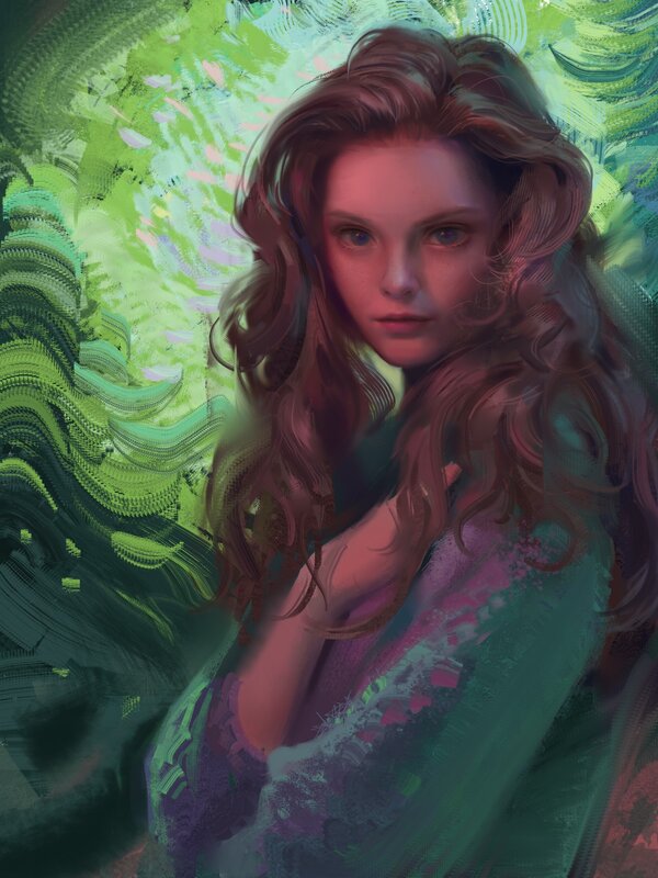Woman with Long Hair — Green, Dramatic, Digital Art, Green Background