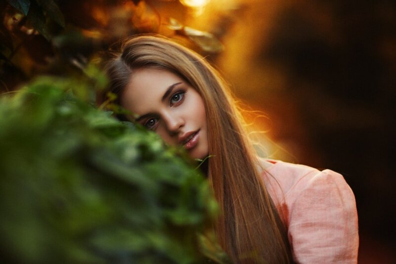 Woman with Long Hair — Green, Dramatic, Sunset