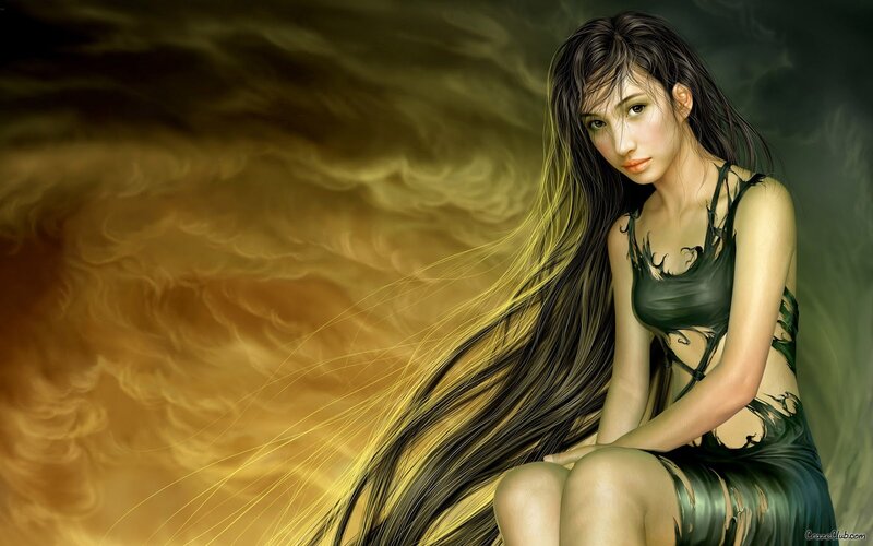 Woman with Long Hair — Green, Dramatic