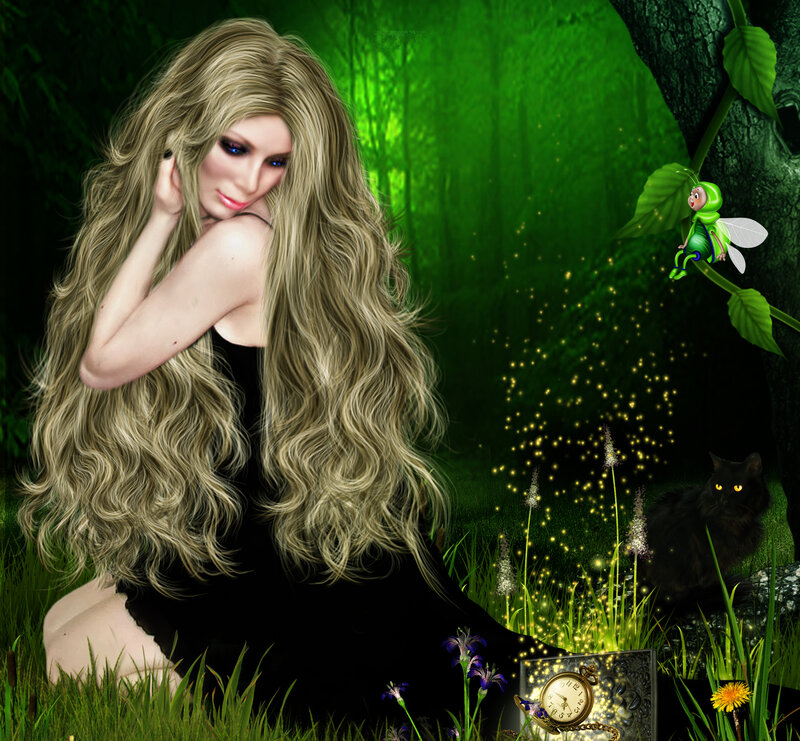 Woman with Long Hair — Green, Mystical, Night