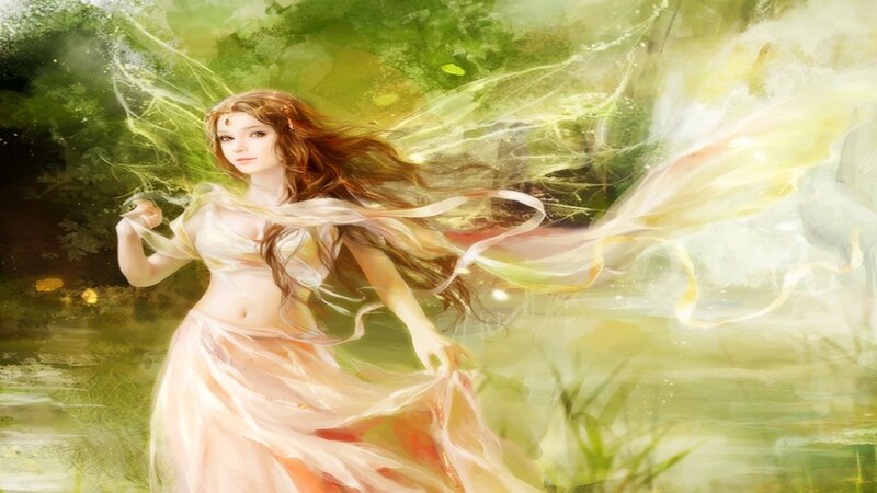 Woman with Long Hair — Green, Serene, Afternoon, Digital Art, Dress, Forest, Light