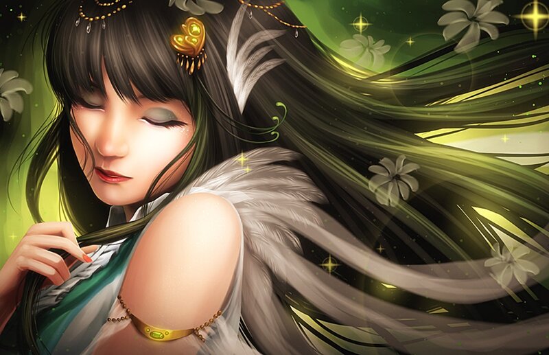 Woman with Long Hair — Green, Serene, Digital Art, Feathers