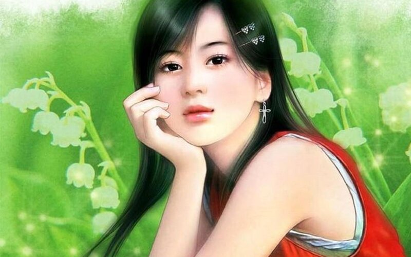Woman with Long Hair — Green, Serene, Digital Art, Flowers, Hair Clips