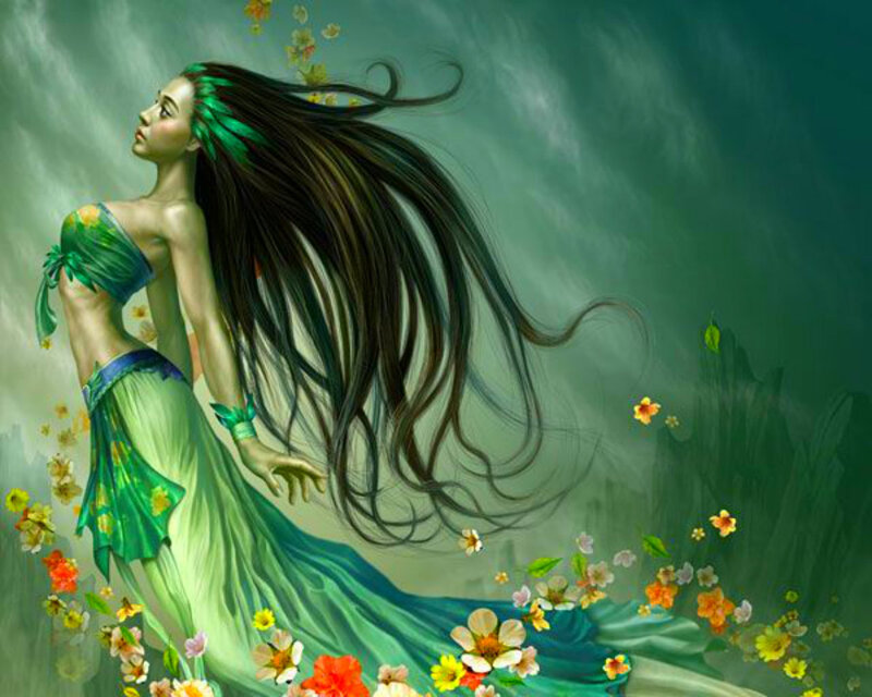 Woman with Long Hair — Green, Serene, Digital Art, Flowers, Long Hair