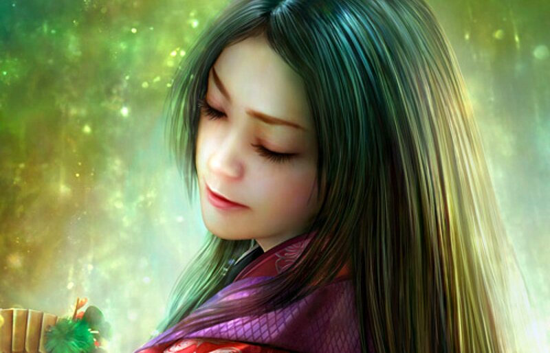 Woman with Long Hair — Green, Serene, Digital Art, Green Background, Purple Garment