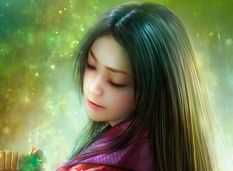 Woman with Long Hair — Green, Serene, Digital Art, Green Background